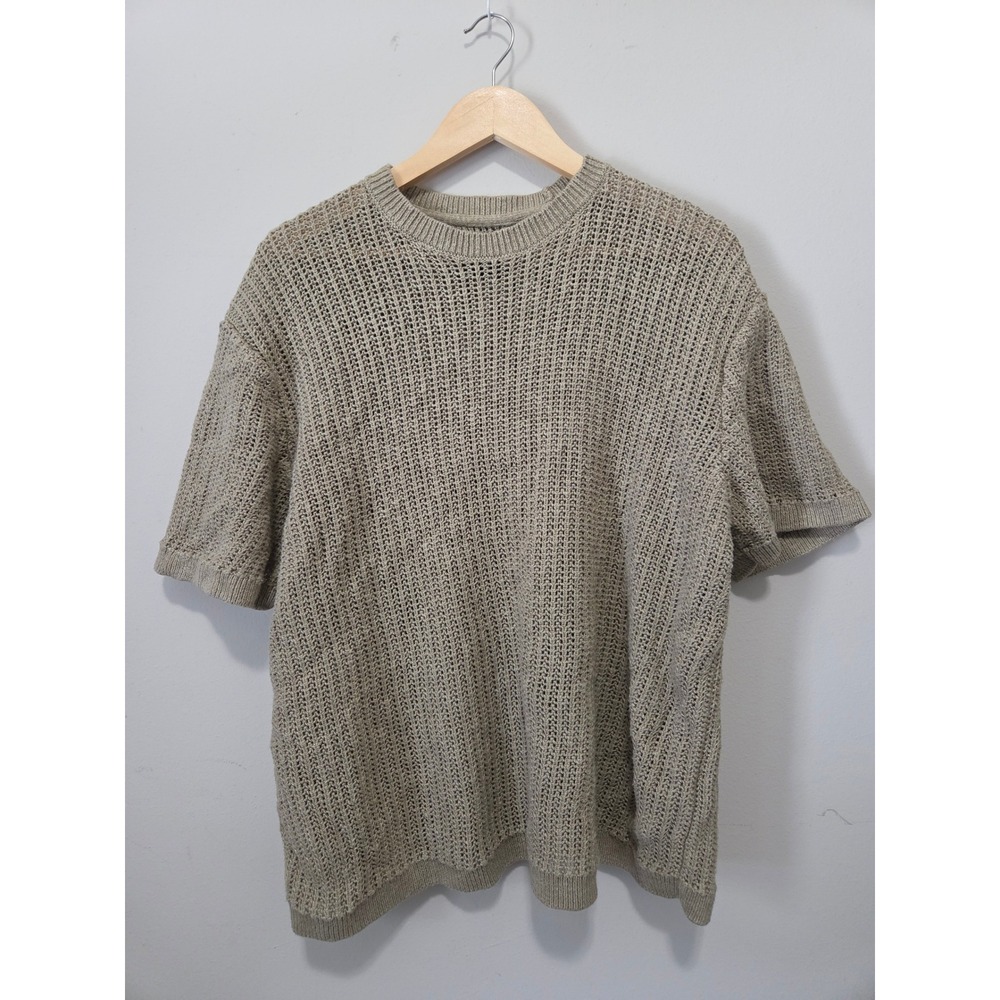 Abercrombie & Fitch Short Sleeve Sweater Khaki Tan Open Stitch Knit Top Large